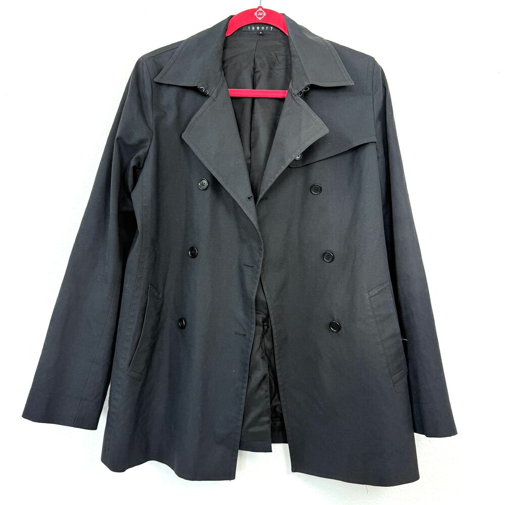 Theory Double Breasted Short Trench Coat Black Cotton Blend Classic Minimalist M